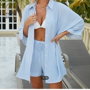 SHEIN Blue and White Swim Coverup Set Relaxed Fit